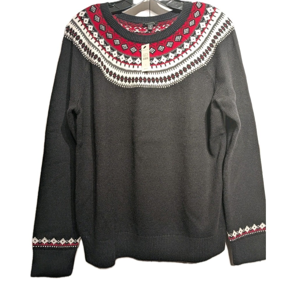 Talbots Sweater Women L Multi Fair Isle Yoke Crew Neck Raglan Wool Holiday NWT